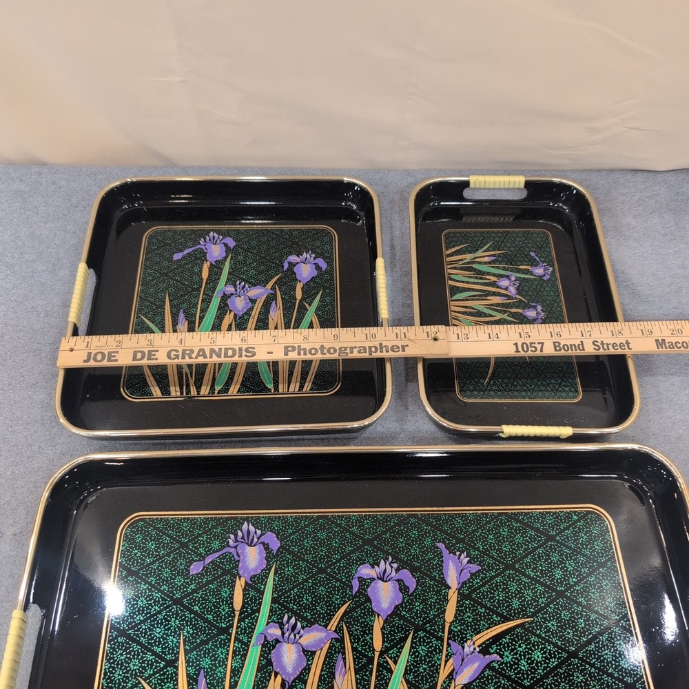 Vintage Japanese Style Black Lacquer Nesting Serving Trays Purple Iris Set of 3 - Picture 7 of 9